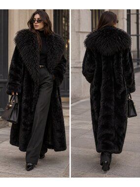 Carole Little Women's Vintage Rabbit Fur Coat Mongolian Lamb Collar Black M